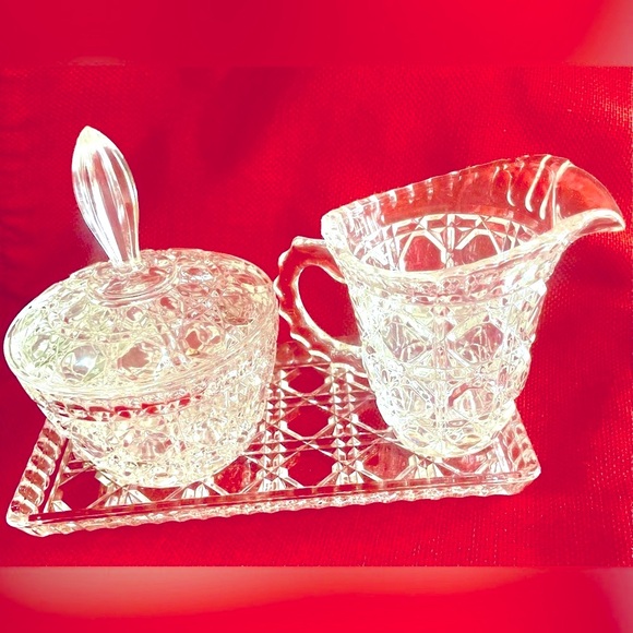 4pc Vintage Glass Creamer Tray & Sugar Jar w/ Lid Set  Home Accessory Tableware - Picture 1 of 6